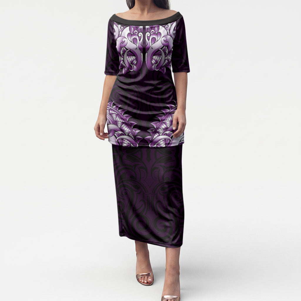 New Zealand Ta Moko Puletasi Aotearoa Maori Chest Tattoo Purple LT14 Long Dress Purple - Polynesian Pride