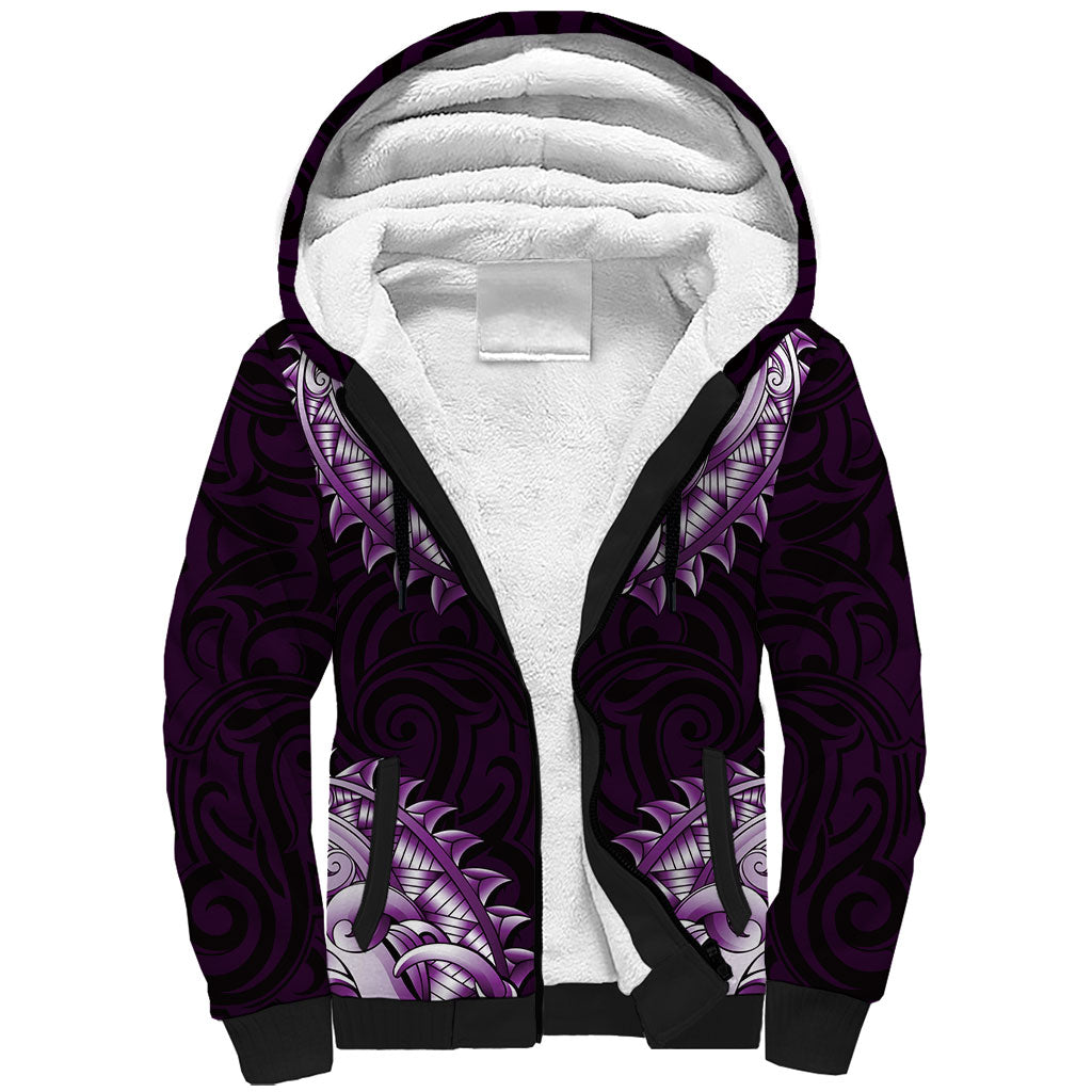 New Zealand Ta Moko Sherpa Hoodie Aotearoa Maori Chest Tattoo Purple LT14 Unisex Purple - Polynesian Pride