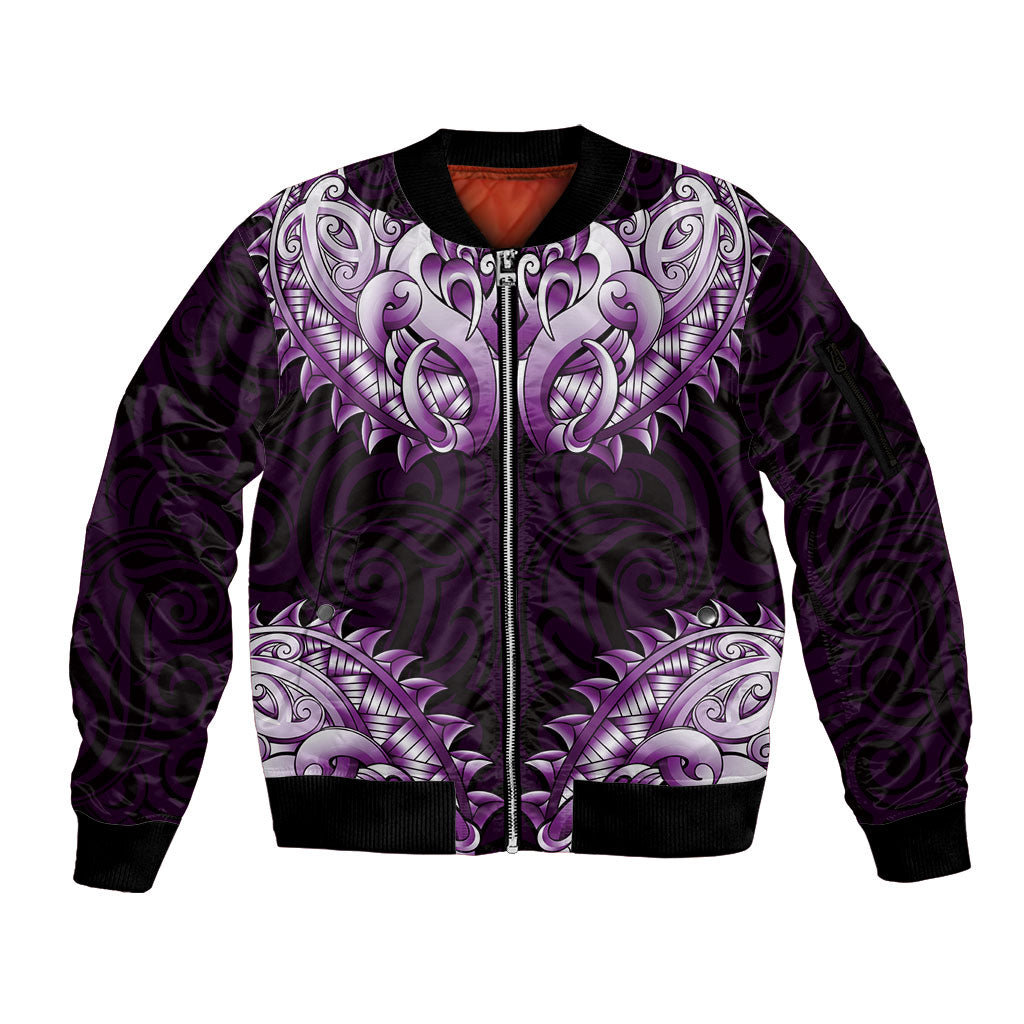 New Zealand Ta Moko Sleeve Zip Bomber Jacket Aotearoa Maori Chest Tattoo Purple LT14 Unisex Purple - Polynesian Pride