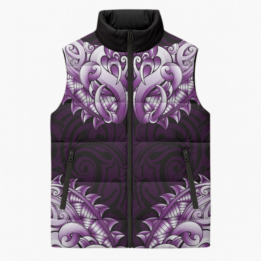 New Zealand Ta Moko Sleeveless Puffer Jacket Aotearoa Maori Chest Tattoo Purple LT14 Unisex Purple - Polynesian Pride