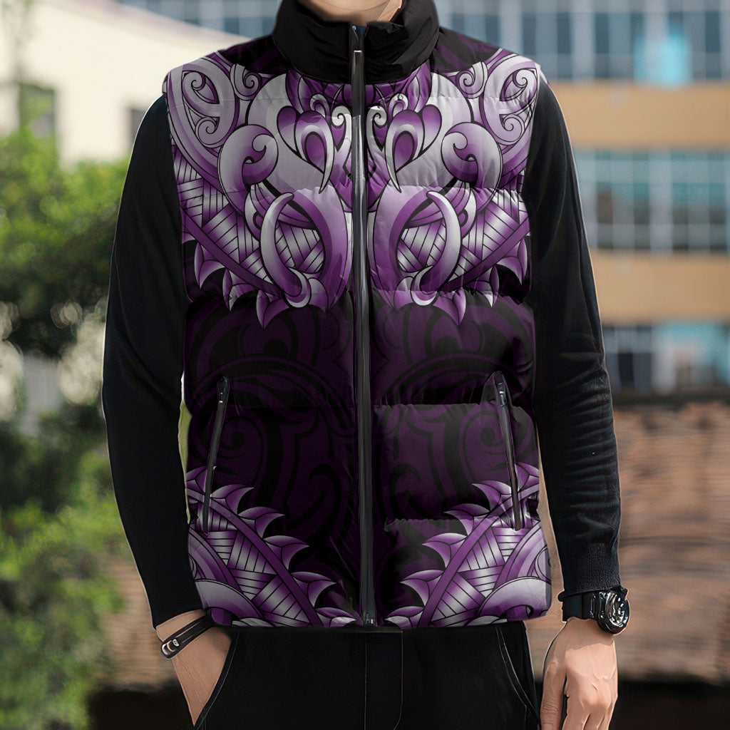 New Zealand Ta Moko Sleeveless Puffer Jacket Aotearoa Maori Chest Tattoo Purple