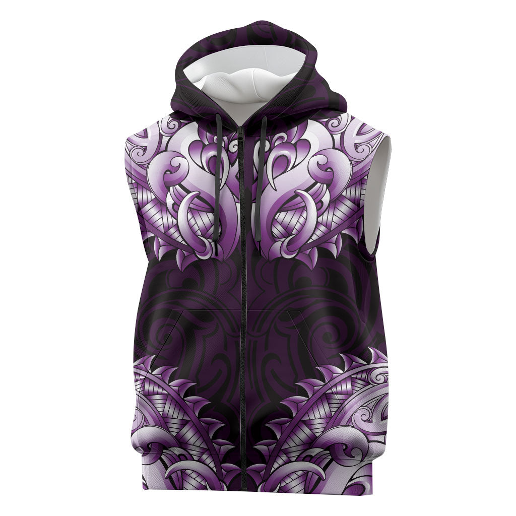 New Zealand Ta Moko Sleeveless Zip Hoodie Aotearoa Maori Chest Tattoo Purple LT14 Purple - Polynesian Pride