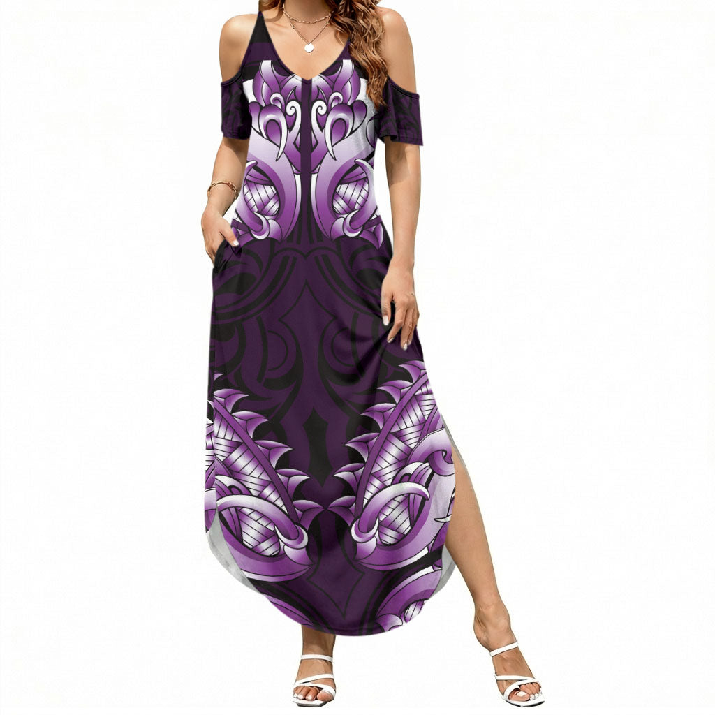 New Zealand Ta Moko Summer Maxi Dress Aotearoa Maori Chest Tattoo Purple LT14 Women Purple - Polynesian Pride