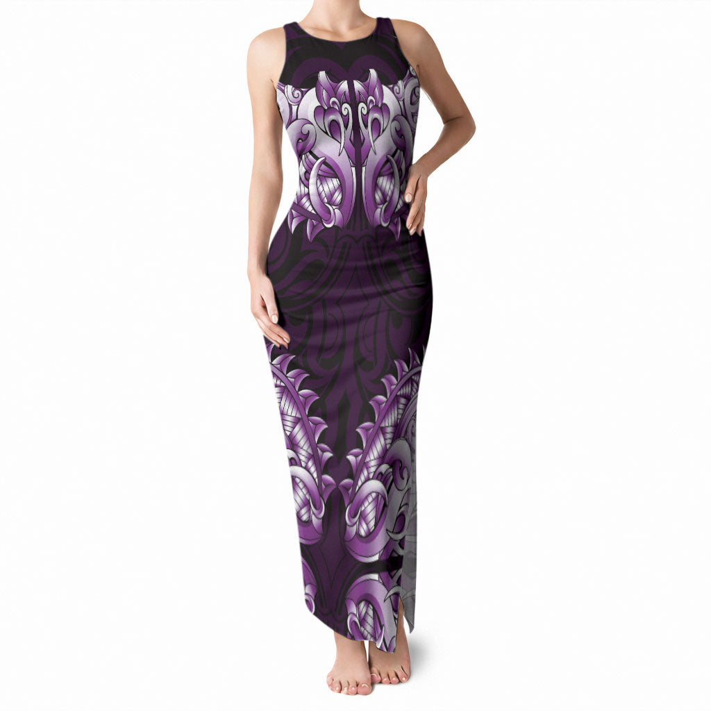New Zealand Ta Moko Tank Maxi Dress Aotearoa Maori Chest Tattoo Purple LT14 Women Purple - Polynesian Pride