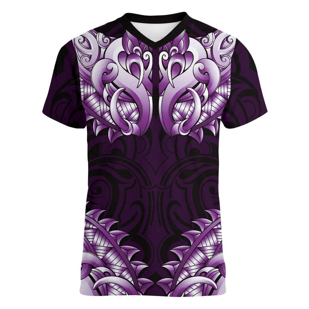 New Zealand Ta Moko Women V-Neck T-Shirt Aotearoa Maori Chest Tattoo Purple LT14 Female Purple - Polynesian Pride