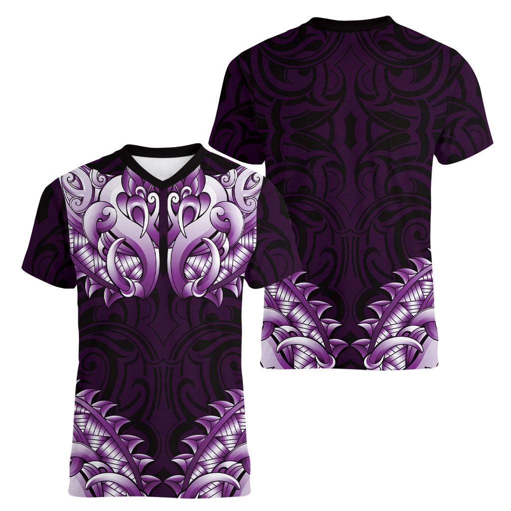 New Zealand Ta Moko Women V-Neck T-Shirt Aotearoa Maori Chest Tattoo Purple
