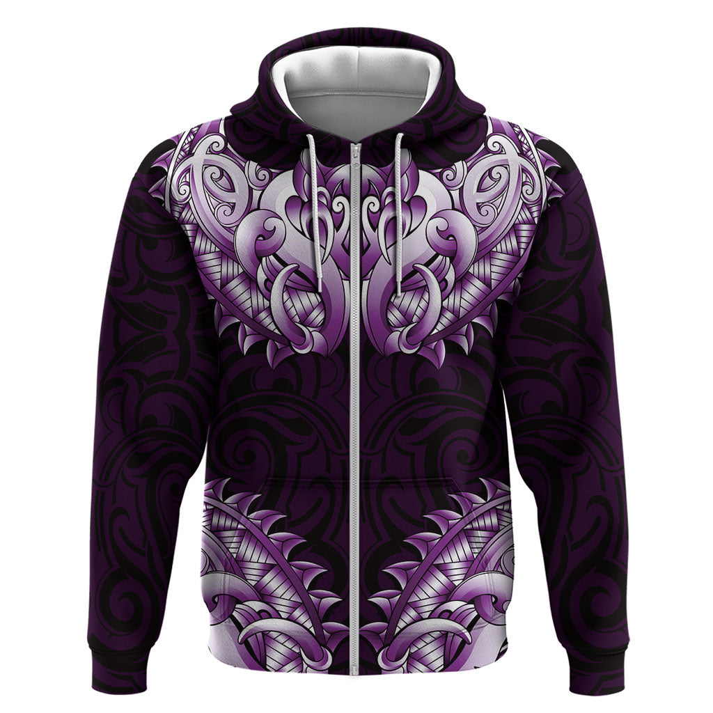 New Zealand Ta Moko Zip Hoodie Aotearoa Maori Chest Tattoo Purple LT14 Zip Hoodie Purple - Polynesian Pride