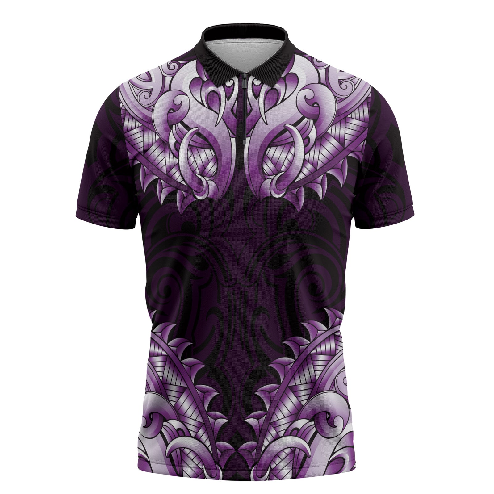 New Zealand Ta Moko Zipper Polo Shirt Aotearoa Maori Chest Tattoo Purple LT14 Purple - Polynesian Pride