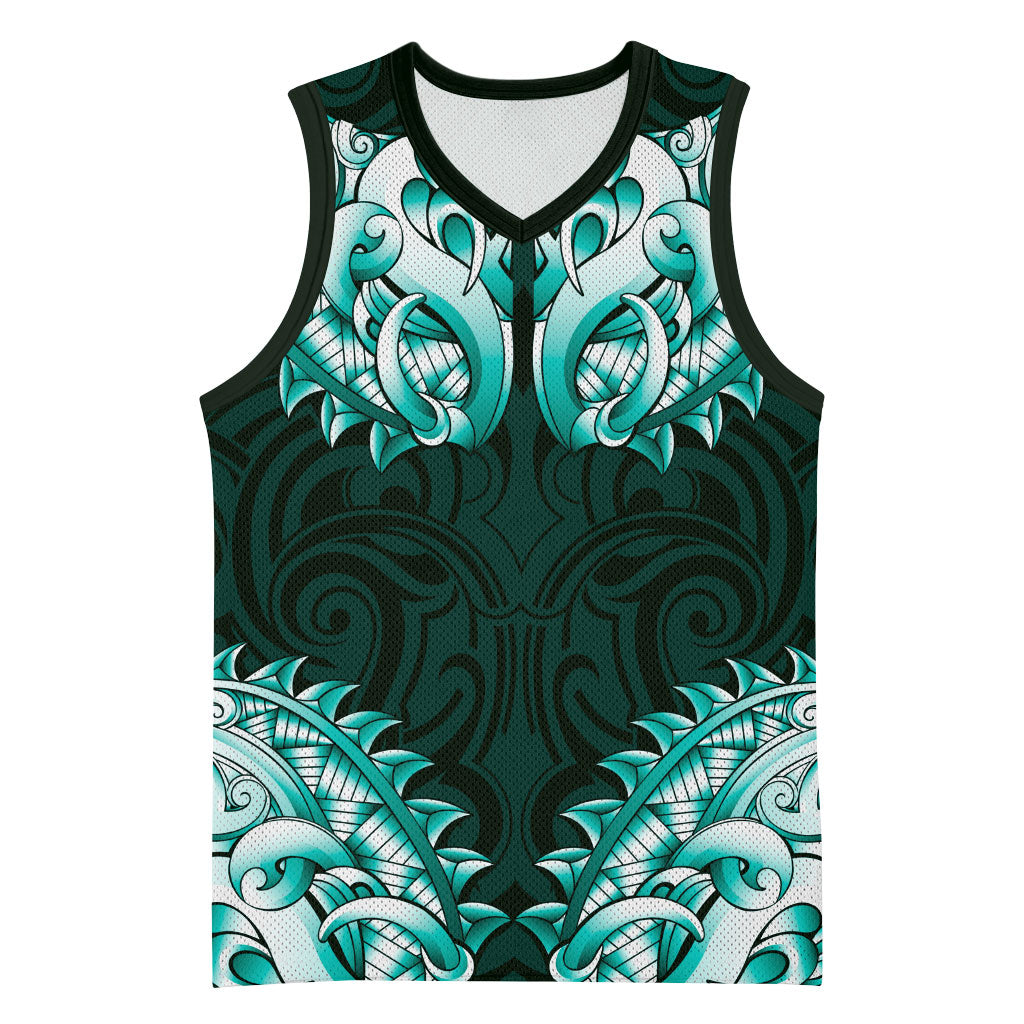 New Zealand Ta Moko Basketball Jersey Aotearoa Maori Chest Tattoo Turquoise LT14 Unisex Turquoise - Polynesian Pride