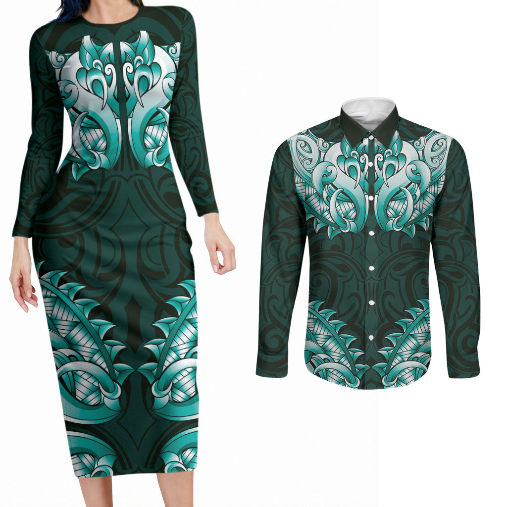New Zealand Ta Moko Couples Matching Long Sleeve Bodycon Dress and Long Sleeve Button Shirt Aotearoa Maori Chest Tattoo Turquoise LT14 Turquoise - Polynesian Pride