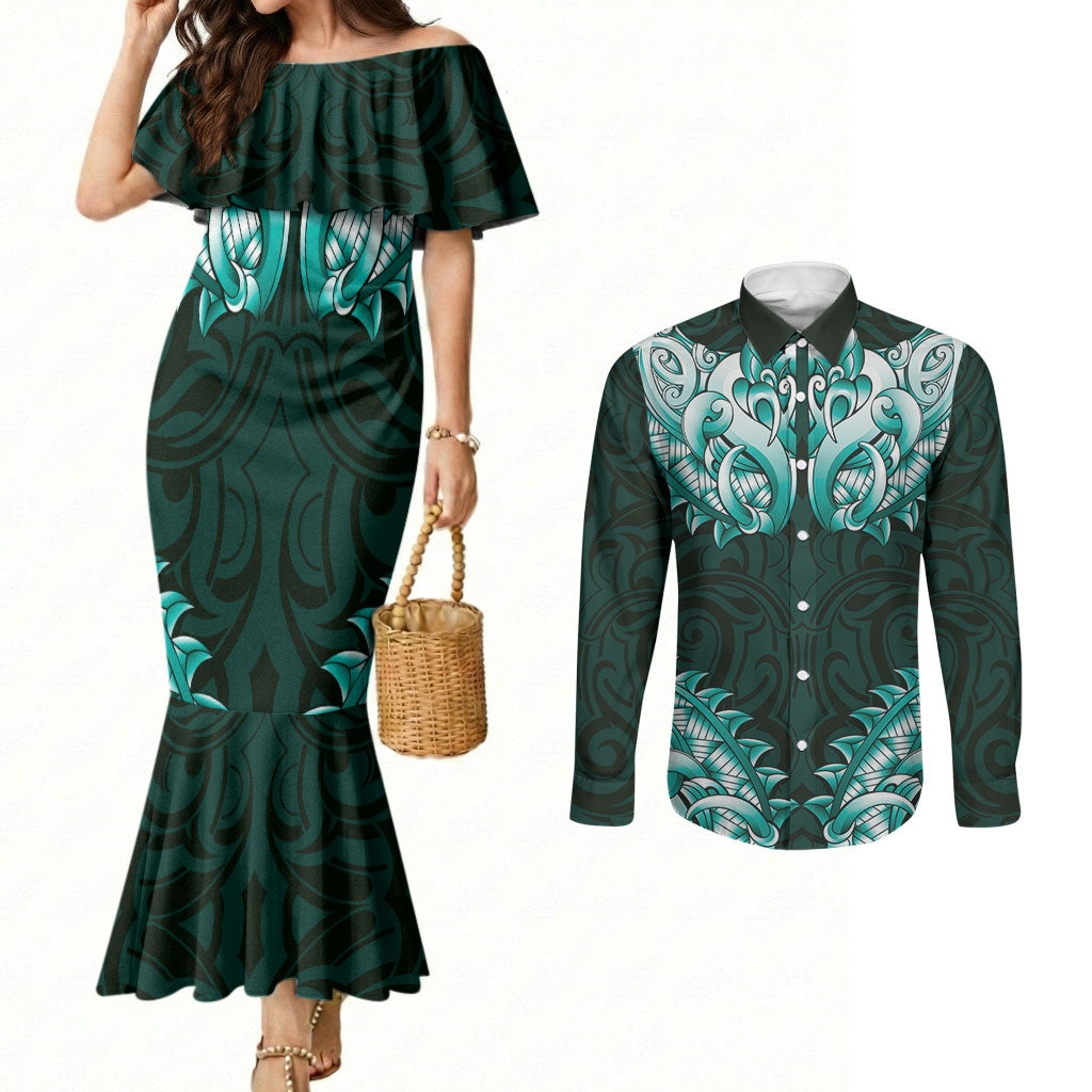 New Zealand Ta Moko Couples Matching Mermaid Dress and Long Sleeve Button Shirt Aotearoa Maori Chest Tattoo Turquoise LT14 Turquoise - Polynesian Pride