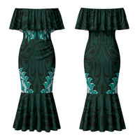New Zealand Ta Moko Couples Matching Mermaid Dress and Long Sleeve Button Shirt Aotearoa Maori Chest Tattoo Turquoise