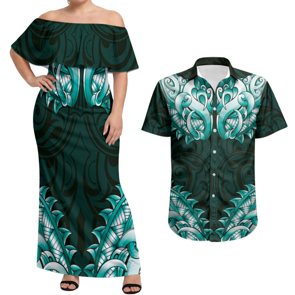 New Zealand Ta Moko Couples Matching Off Shoulder Maxi Dress and Hawaiian Shirt Aotearoa Maori Chest Tattoo Turquoise LT14 Turquoise - Polynesian Pride