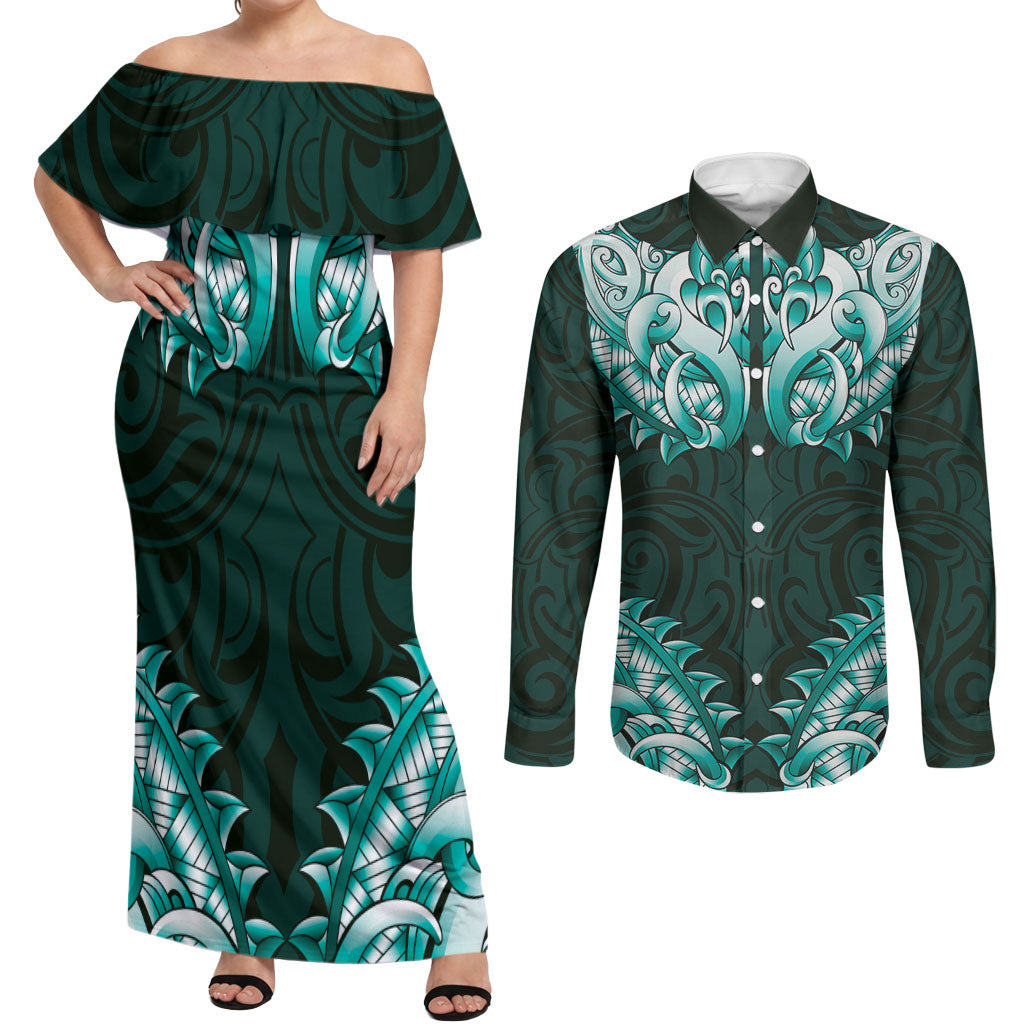 New Zealand Ta Moko Couples Matching Off Shoulder Maxi Dress and Long Sleeve Button Shirt Aotearoa Maori Chest Tattoo Turquoise LT14 Turquoise - Polynesian Pride