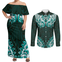 New Zealand Ta Moko Couples Matching Off Shoulder Maxi Dress and Long Sleeve Button Shirt Aotearoa Maori Chest Tattoo Turquoise
