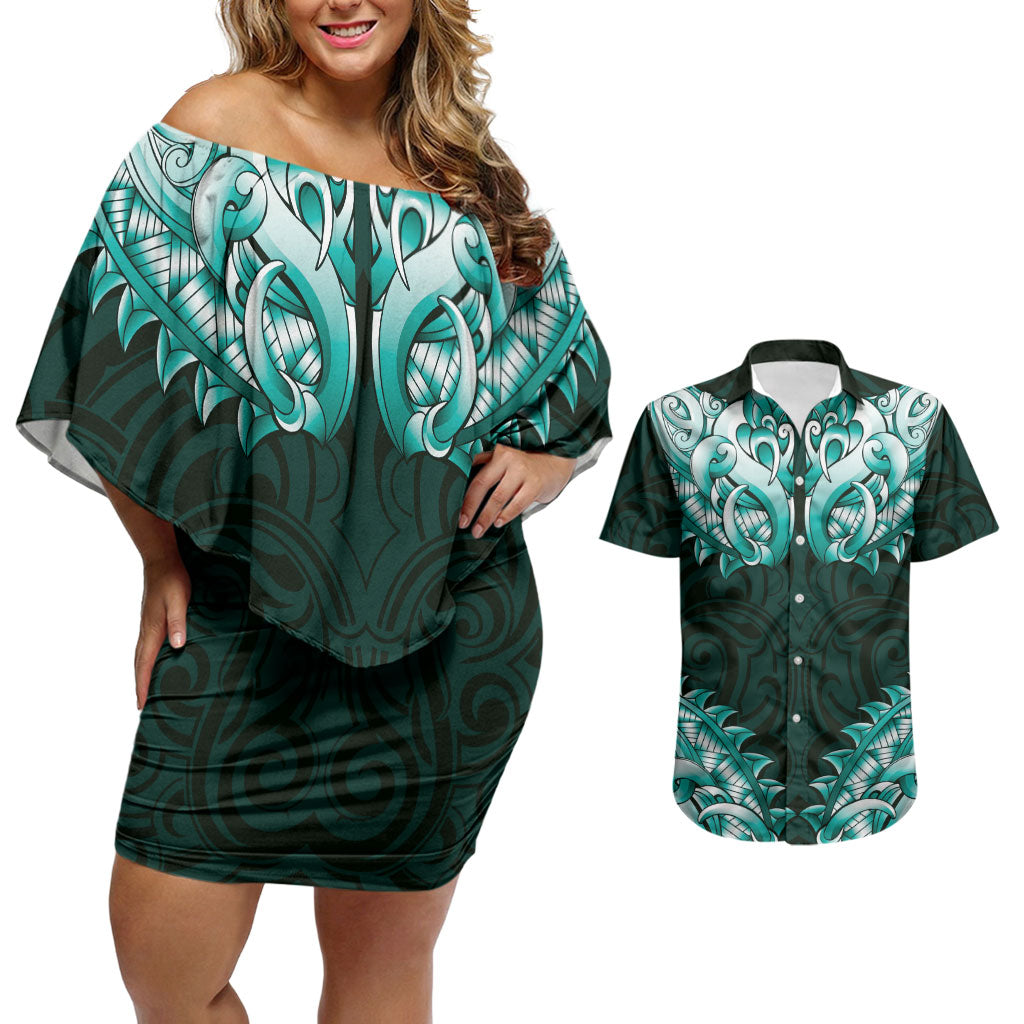 New Zealand Ta Moko Couples Matching Off Shoulder Short Dress and Hawaiian Shirt Aotearoa Maori Chest Tattoo Turquoise LT14 Turquoise - Polynesian Pride