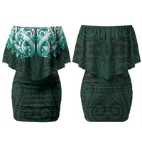 New Zealand Ta Moko Couples Matching Off Shoulder Short Dress and Hawaiian Shirt Aotearoa Maori Chest Tattoo Turquoise