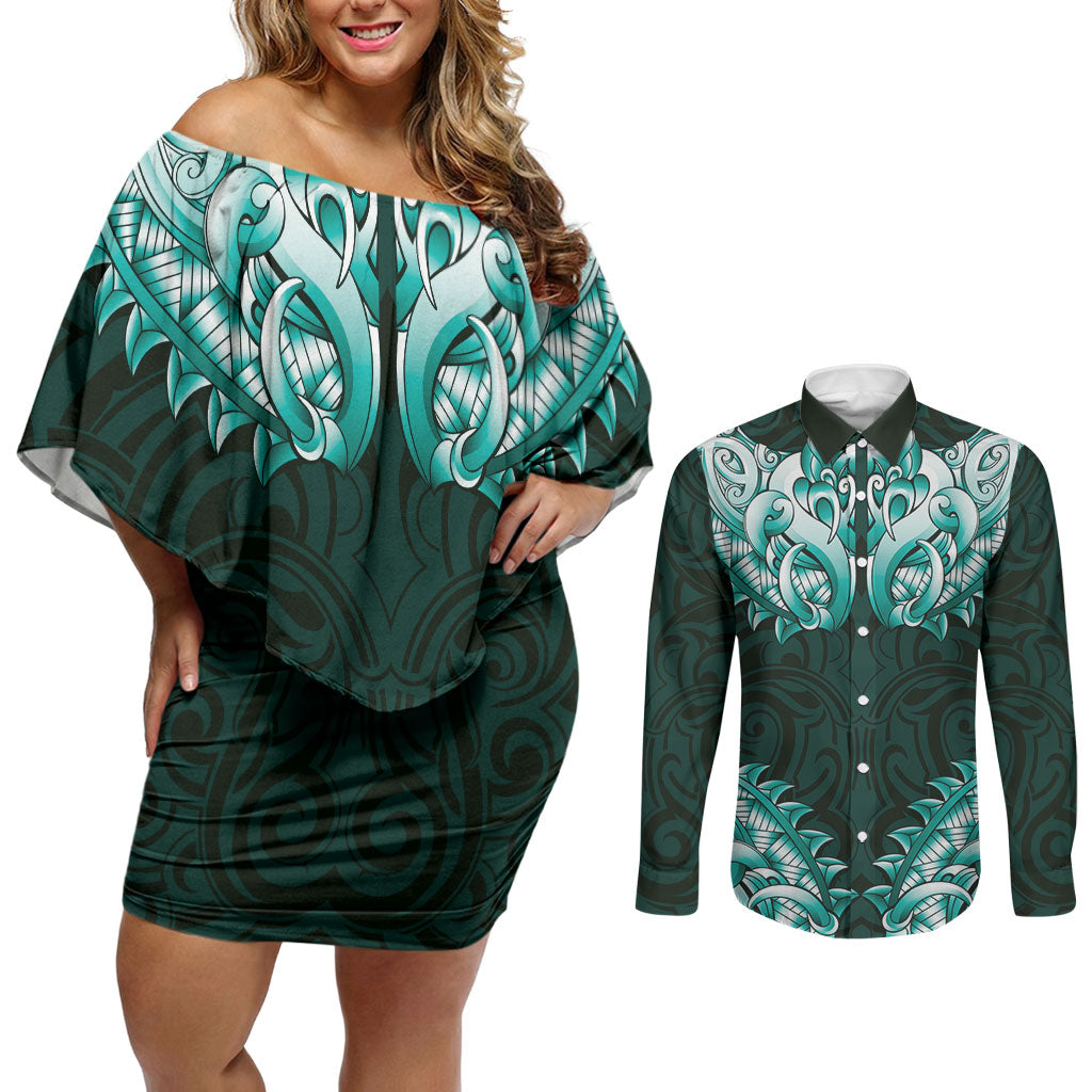 New Zealand Ta Moko Couples Matching Off Shoulder Short Dress and Long Sleeve Button Shirt Aotearoa Maori Chest Tattoo Turquoise LT14 Turquoise - Polynesian Pride