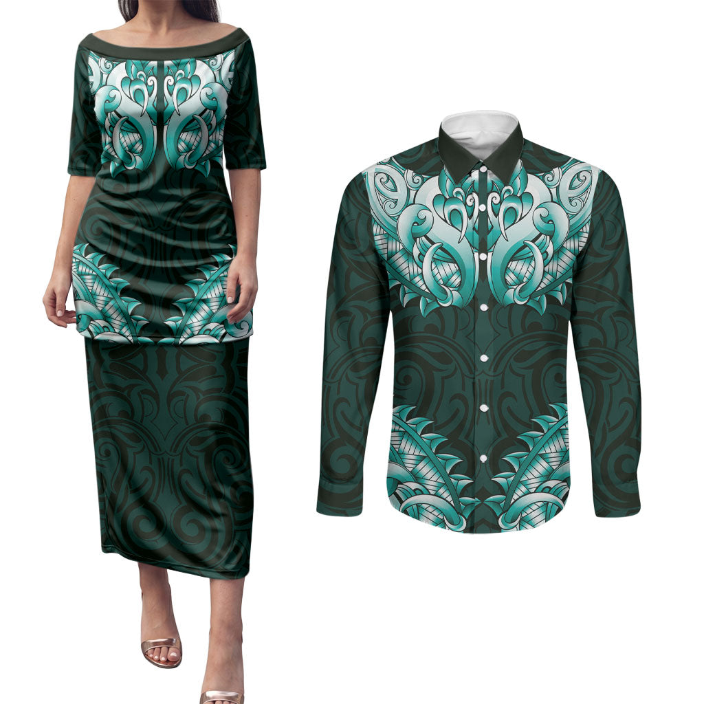 New Zealand Ta Moko Couples Matching Puletasi and Long Sleeve Button Shirt Aotearoa Maori Chest Tattoo Turquoise LT14 Turquoise - Polynesian Pride