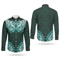 New Zealand Ta Moko Couples Matching Puletasi and Long Sleeve Button Shirt Aotearoa Maori Chest Tattoo Turquoise