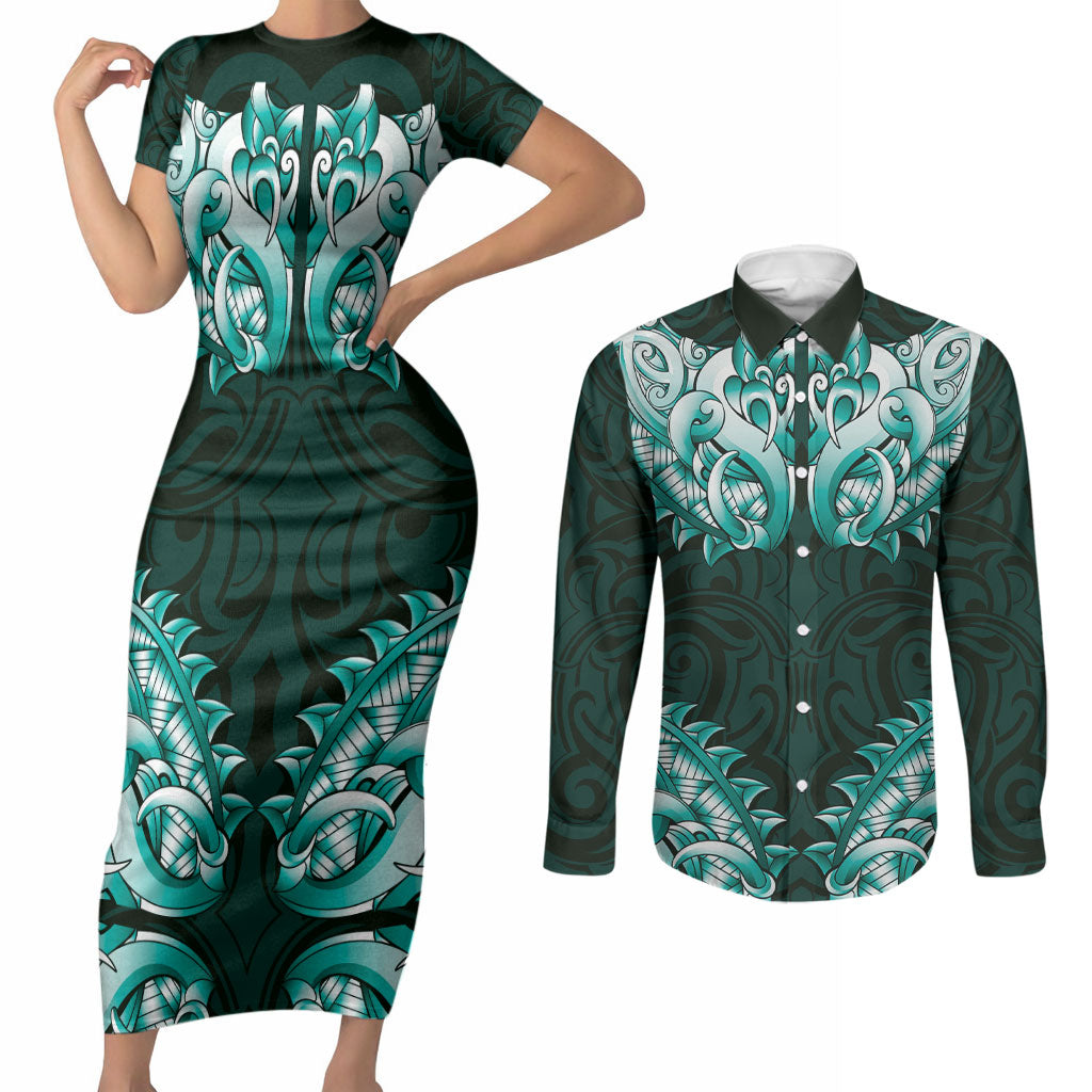New Zealand Ta Moko Couples Matching Short Sleeve Bodycon Dress and Long Sleeve Button Shirt Aotearoa Maori Chest Tattoo Turquoise LT14 Turquoise - Polynesian Pride