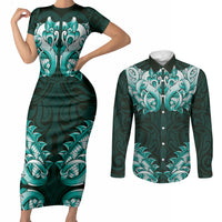 New Zealand Ta Moko Couples Matching Short Sleeve Bodycon Dress and Long Sleeve Button Shirt Aotearoa Maori Chest Tattoo Turquoise