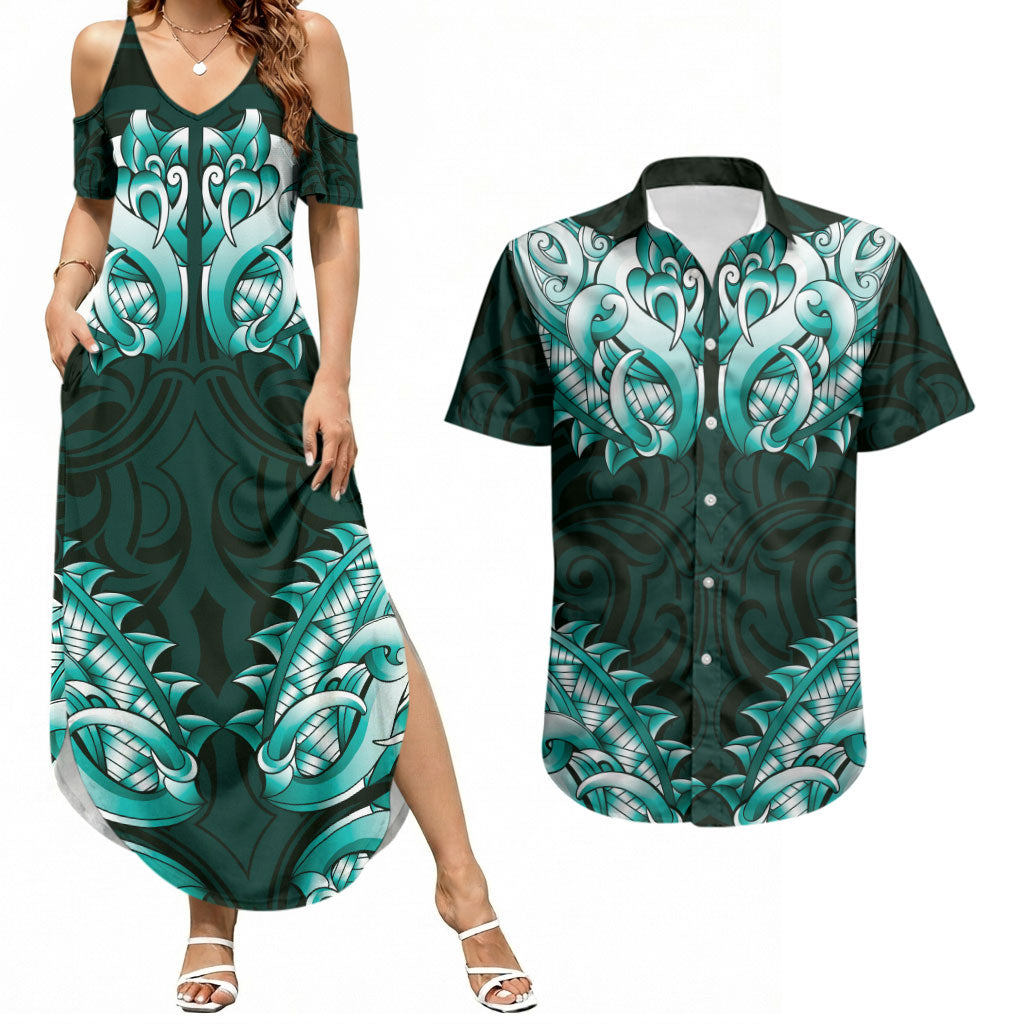 New Zealand Ta Moko Couples Matching Summer Maxi Dress and Hawaiian Shirt Aotearoa Maori Chest Tattoo Turquoise LT14 Turquoise - Polynesian Pride