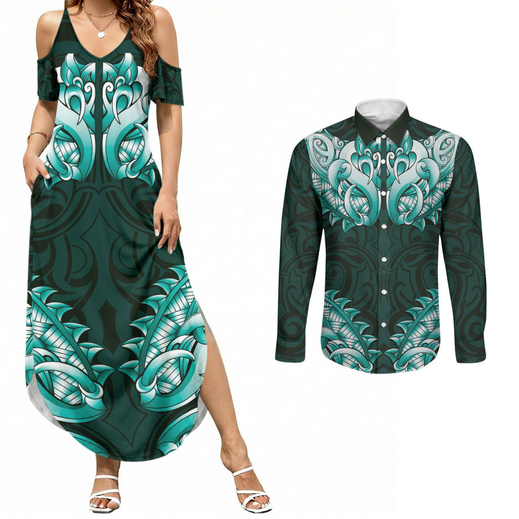 New Zealand Ta Moko Couples Matching Summer Maxi Dress and Long Sleeve Button Shirt Aotearoa Maori Chest Tattoo Turquoise LT14 Turquoise - Polynesian Pride