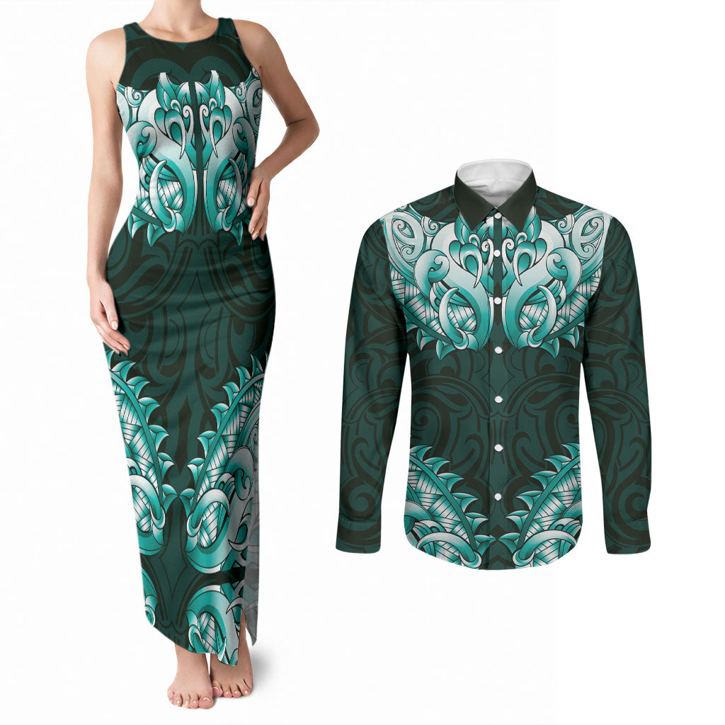New Zealand Ta Moko Couples Matching Tank Maxi Dress and Long Sleeve Button Shirt Aotearoa Maori Chest Tattoo Turquoise LT14 Turquoise - Polynesian Pride