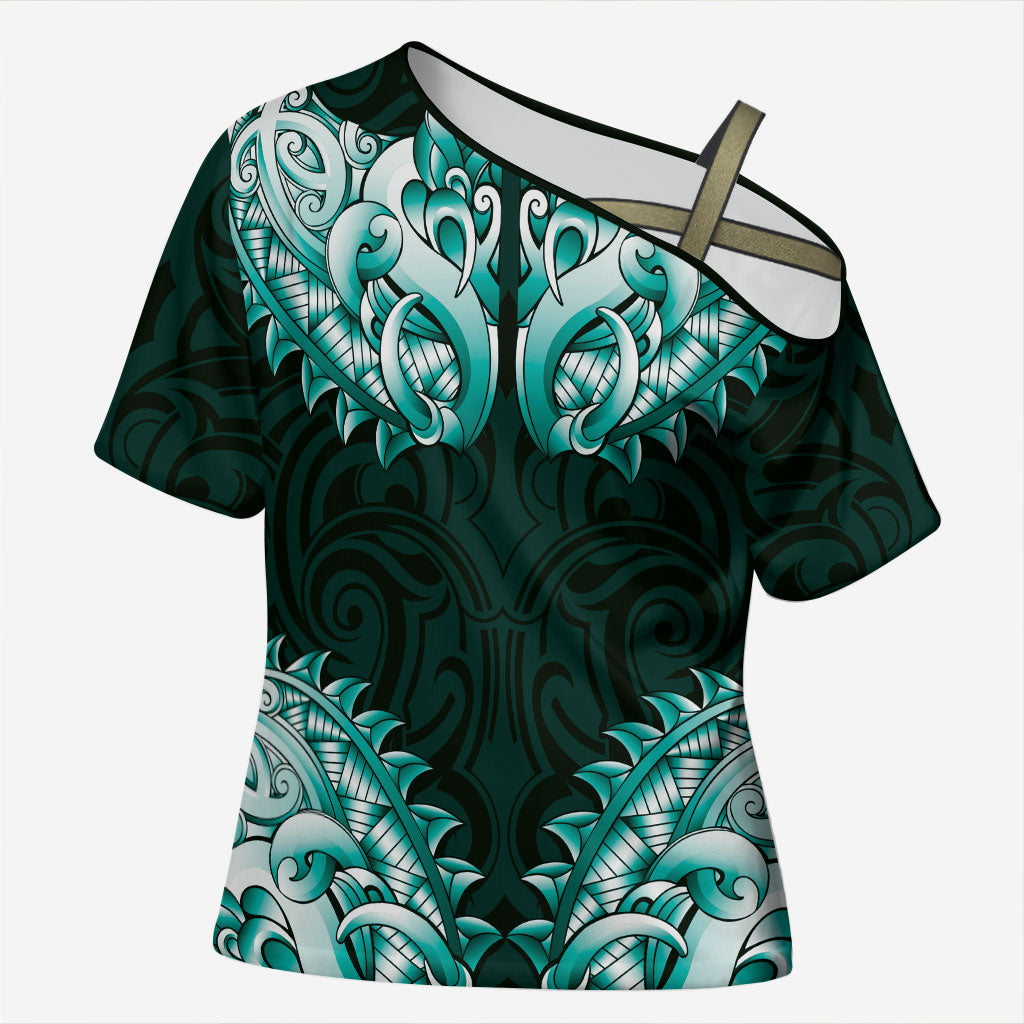 New Zealand Ta Moko Cross Shoulder Shirt Aotearoa Maori Chest Tattoo Turquoise LT14 Female Turquoise - Polynesian Pride