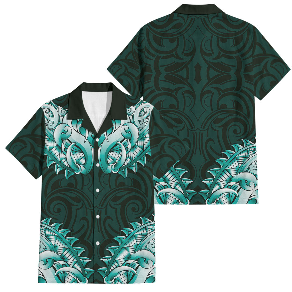 New Zealand Ta Moko Family Matching Long Sleeve Bodycon Dress and Hawaiian Shirt Aotearoa Maori Chest Tattoo Turquoise