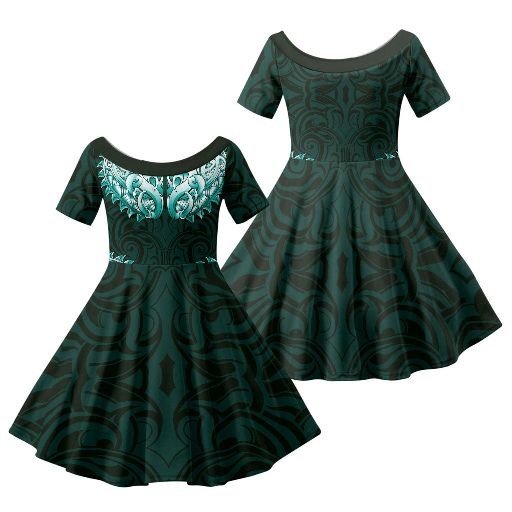 New Zealand Ta Moko Family Matching Mermaid Dress and Hawaiian Shirt Aotearoa Maori Chest Tattoo Turquoise