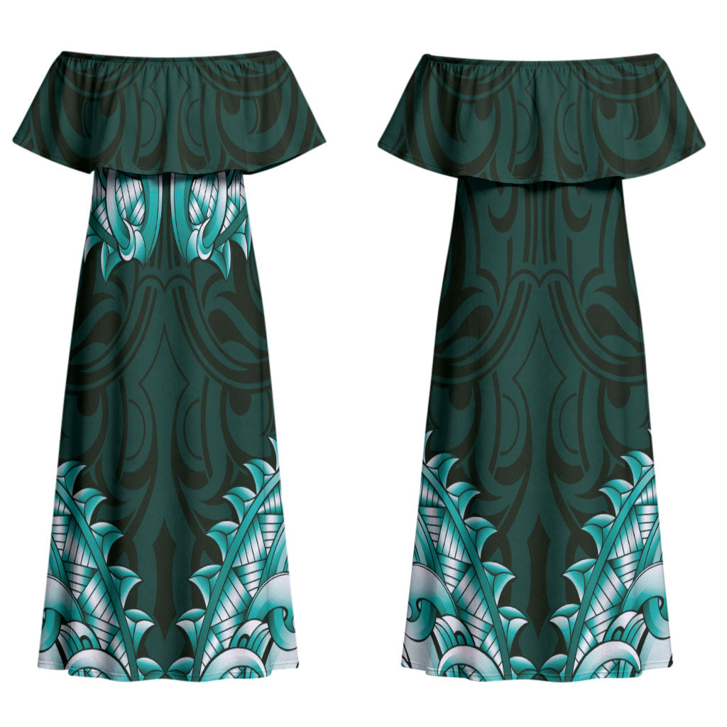 New Zealand Ta Moko Family Matching Off Shoulder Maxi Dress and Hawaiian Shirt Aotearoa Maori Chest Tattoo Turquoise