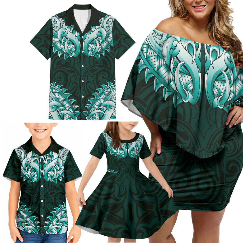 New Zealand Ta Moko Family Matching Off Shoulder Short Dress and Hawaiian Shirt Aotearoa Maori Chest Tattoo Turquoise