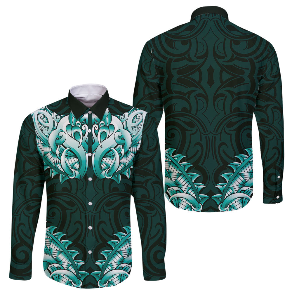 New Zealand Ta Moko Family Matching Off Shoulder Short Dress and Hawaiian Shirt Aotearoa Maori Chest Tattoo Turquoise