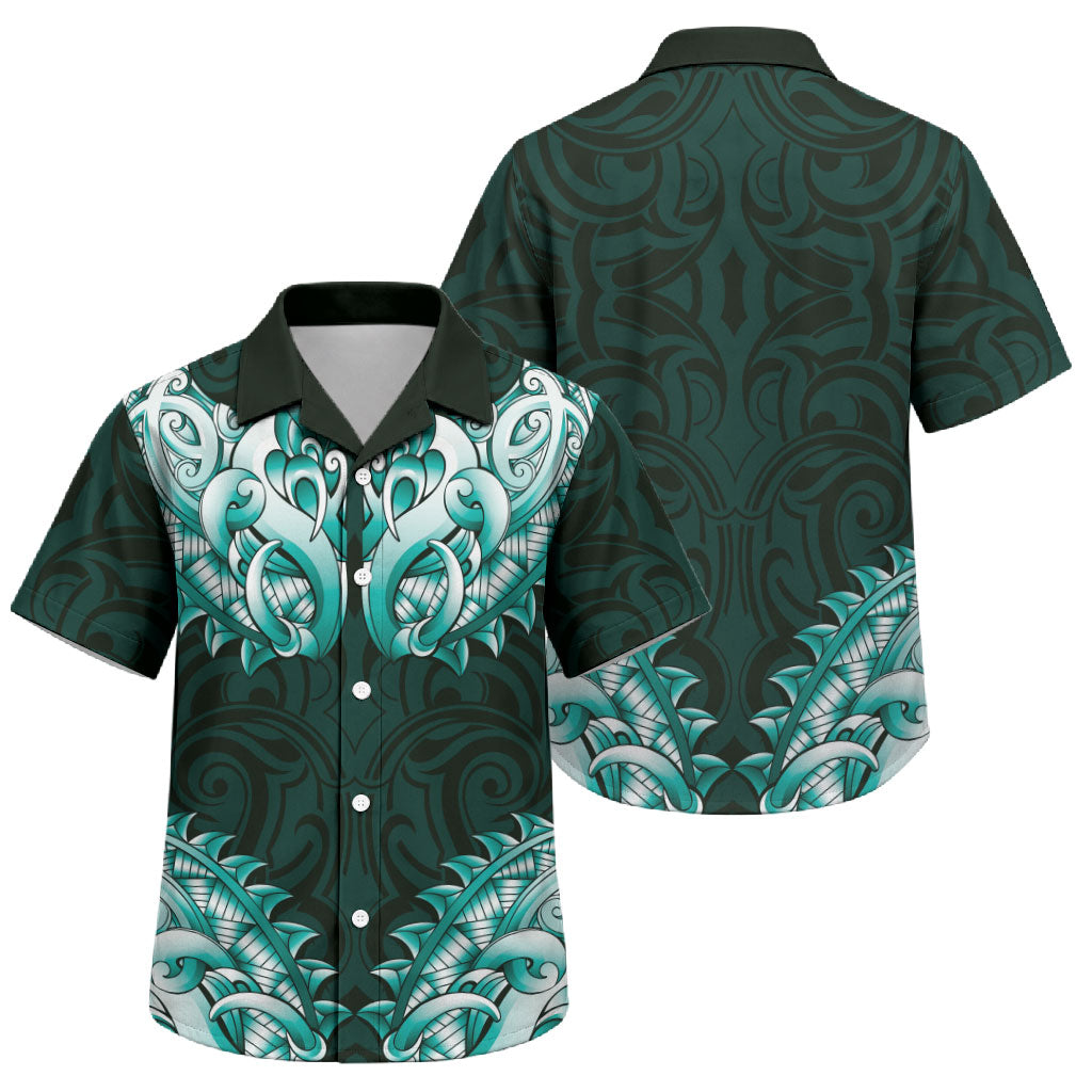 New Zealand Ta Moko Family Matching Puletasi and Hawaiian Shirt Aotearoa Maori Chest Tattoo Turquoise