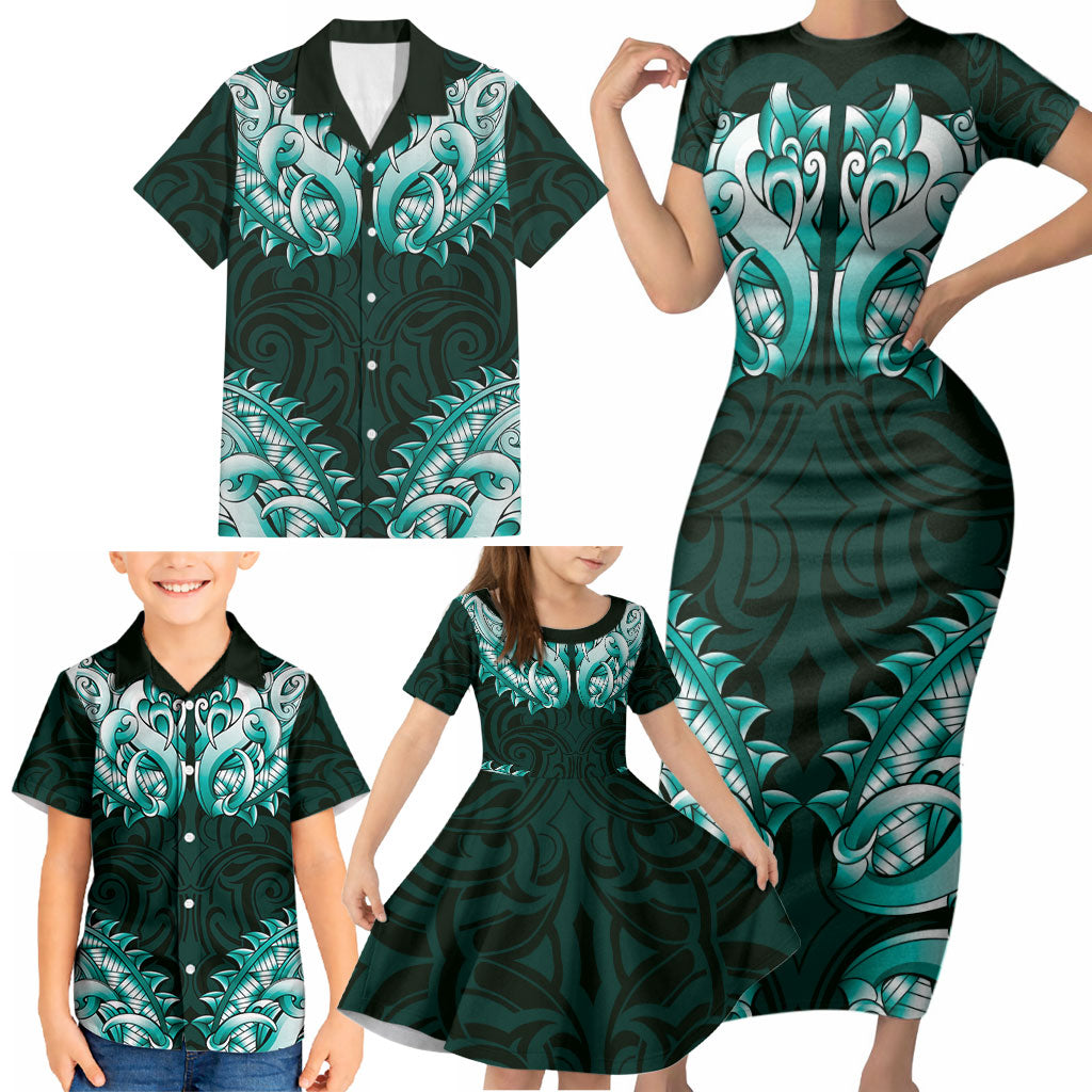 New Zealand Ta Moko Family Matching Short Sleeve Bodycon Dress and Hawaiian Shirt Aotearoa Maori Chest Tattoo Turquoise