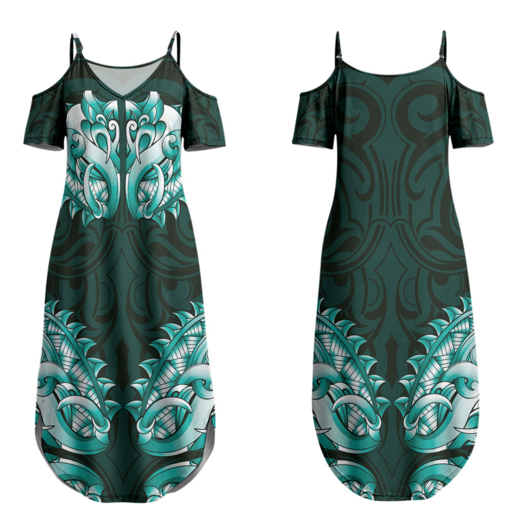 New Zealand Ta Moko Family Matching Summer Maxi Dress and Hawaiian Shirt Aotearoa Maori Chest Tattoo Turquoise