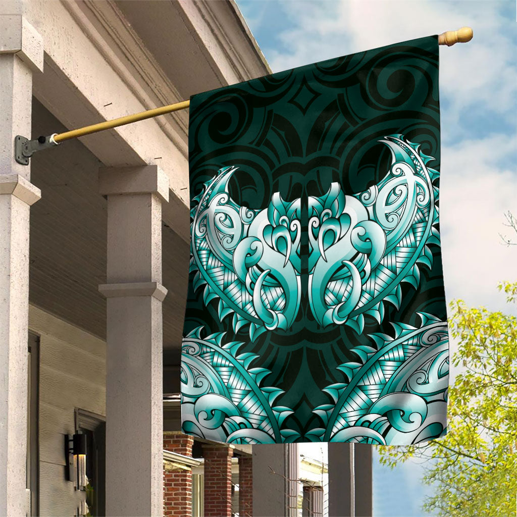 New Zealand Ta Moko Garden Flag Aotearoa Maori Chest Tattoo Turquoise LT14 House Flag Turquoise - Polynesian Pride