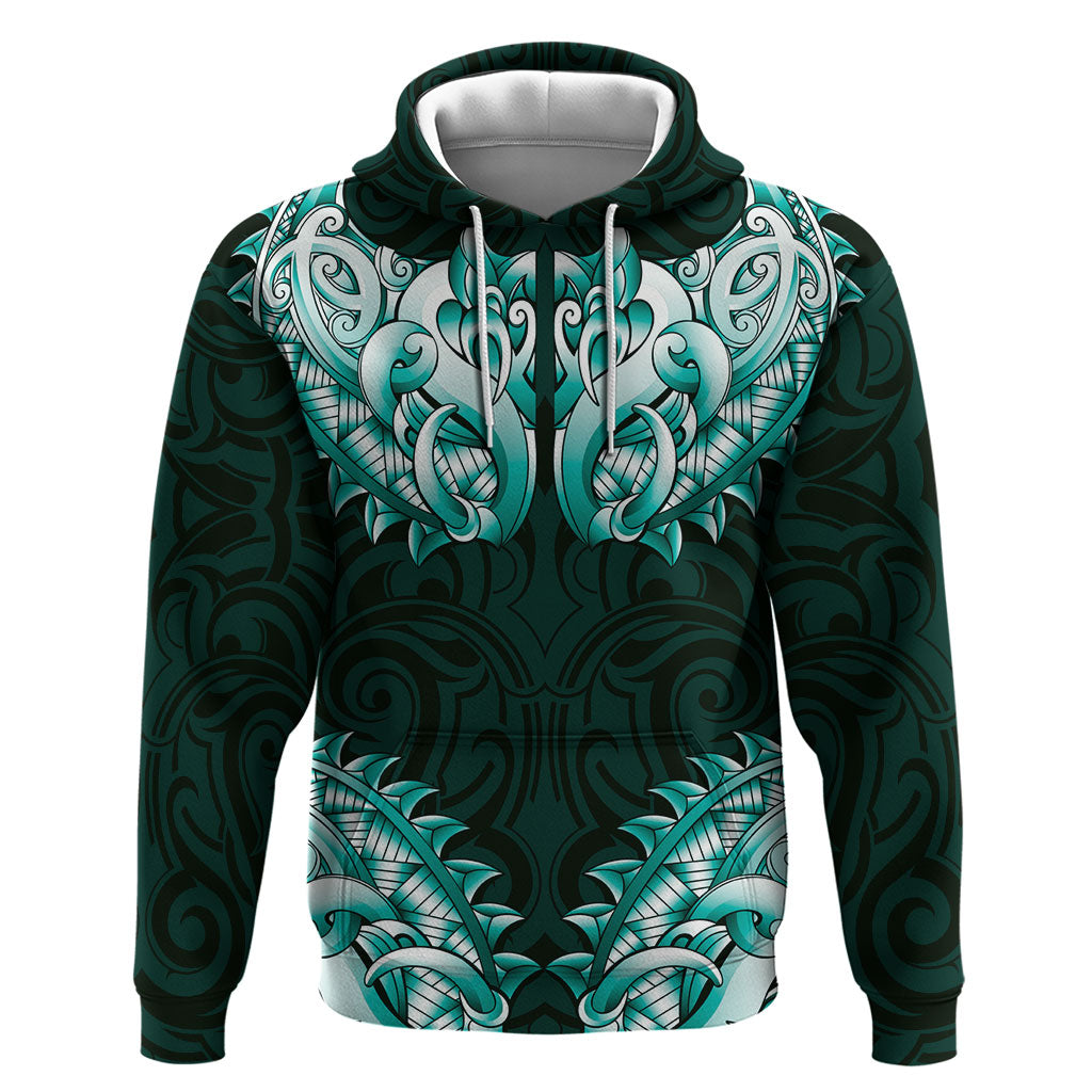 New Zealand Ta Moko Hoodie Aotearoa Maori Chest Tattoo Turquoise LT14 Pullover Hoodie Turquoise - Polynesian Pride