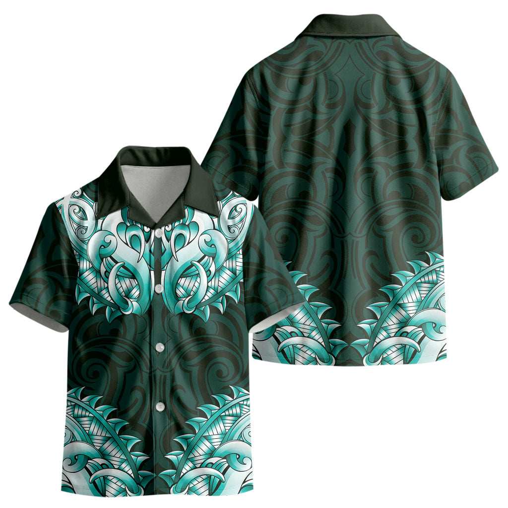 New Zealand Ta Moko Kid Hawaiian Shirt Aotearoa Maori Chest Tattoo Turquoise LT14 - Polynesian Pride