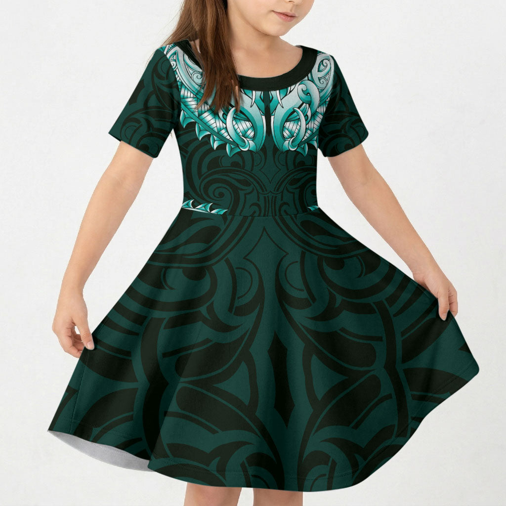 New Zealand Ta Moko Kid Short Sleeve Dress Aotearoa Maori Chest Tattoo Turquoise LT14 KID Turquoise - Polynesian Pride