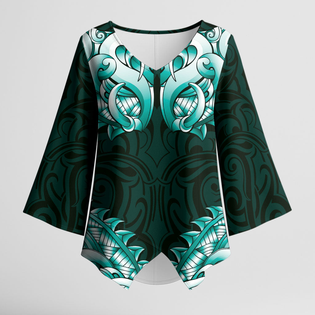 New Zealand Ta Moko Kimono Sleeve Blouse Aotearoa Maori Chest Tattoo Turquoise LT14 Female Turquoise - Polynesian Pride