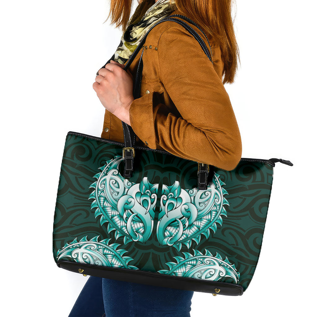 New Zealand Ta Moko Leather Tote Bag Aotearoa Maori Chest Tattoo Turquoise LT14 Turquoise - Polynesian Pride