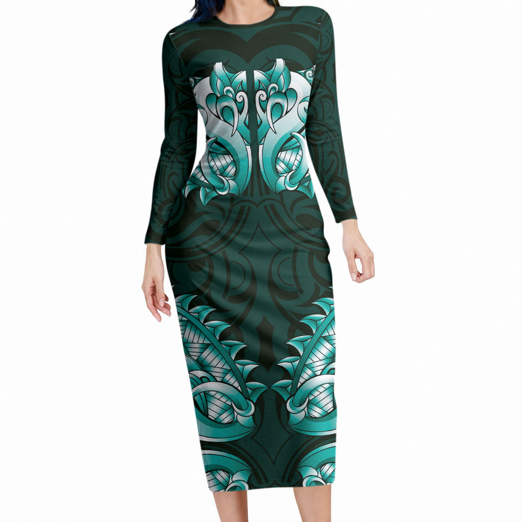 New Zealand Ta Moko Long Sleeve Bodycon Dress Aotearoa Maori Chest Tattoo Turquoise LT14 Long Dress Turquoise - Polynesian Pride