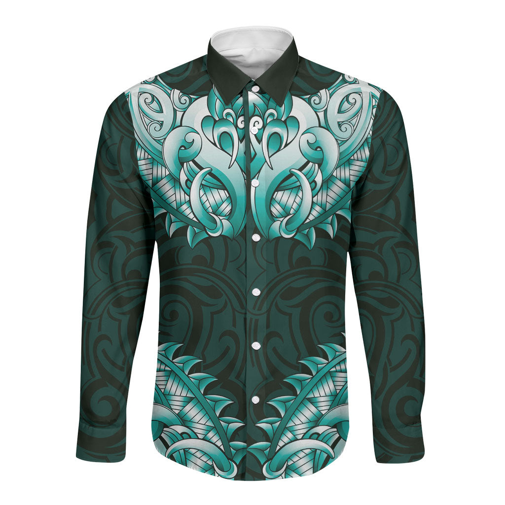 New Zealand Ta Moko Long Sleeve Button Shirt Aotearoa Maori Chest Tattoo Turquoise LT14 Unisex Turquoise - Polynesian Pride