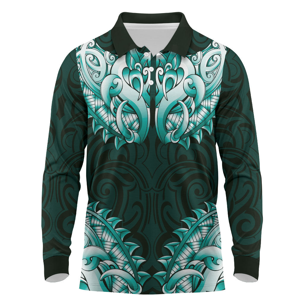 New Zealand Ta Moko Long Sleeve Polo Shirt Aotearoa Maori Chest Tattoo Turquoise LT14 Turquoise - Polynesian Pride