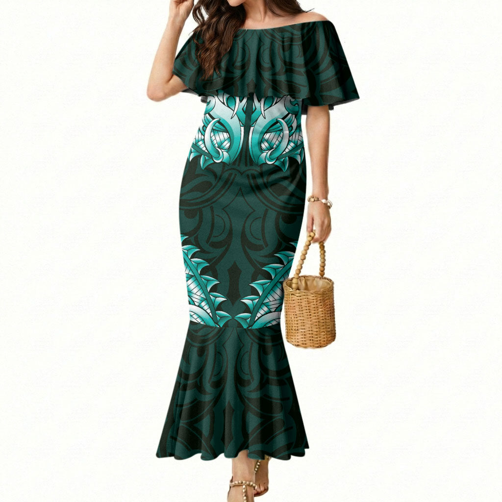 New Zealand Ta Moko Mermaid Dress Aotearoa Maori Chest Tattoo Turquoise LT14 Women Turquoise - Polynesian Pride