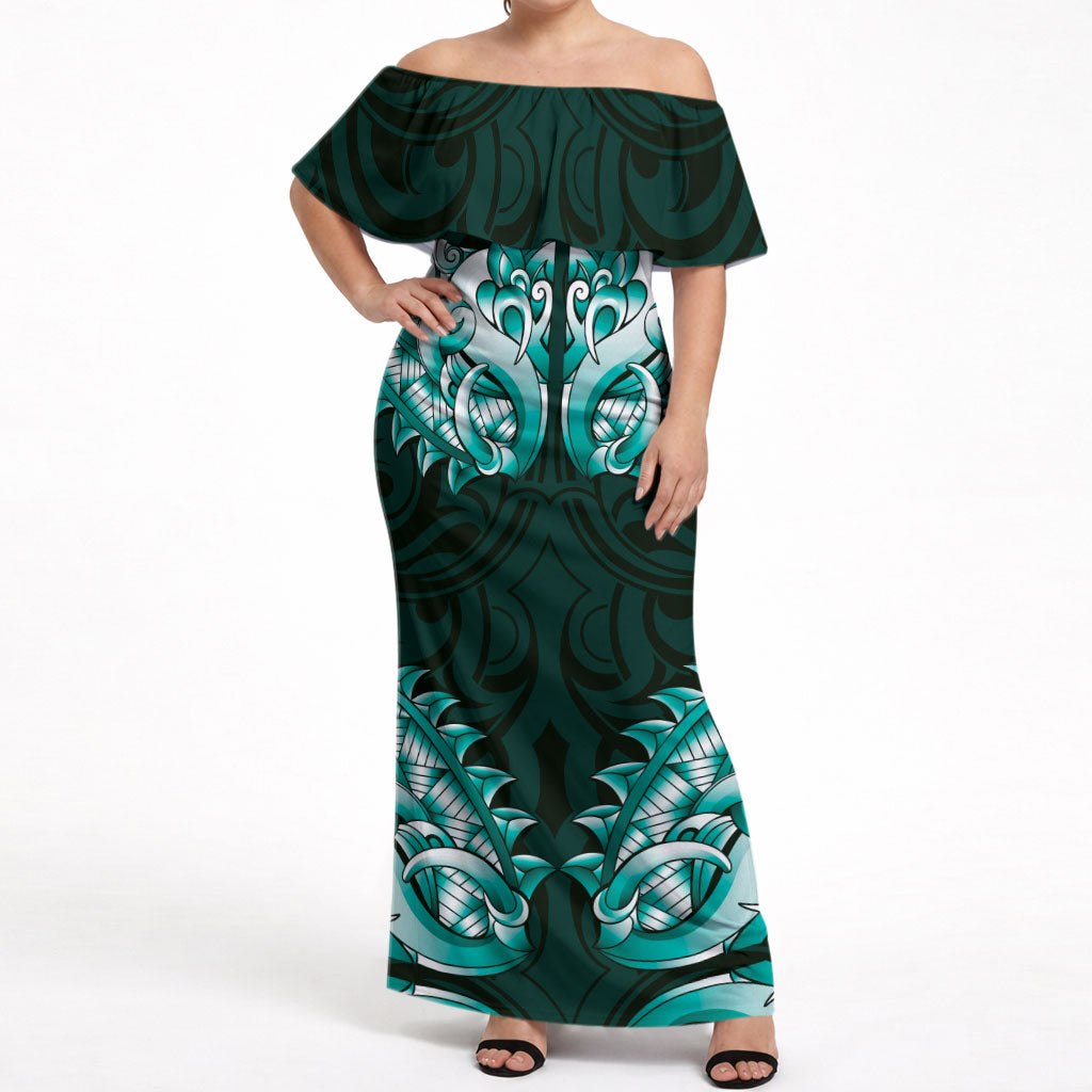 New Zealand Ta Moko Off Shoulder Maxi Dress Aotearoa Maori Chest Tattoo Turquoise LT14 Women Turquoise - Polynesian Pride