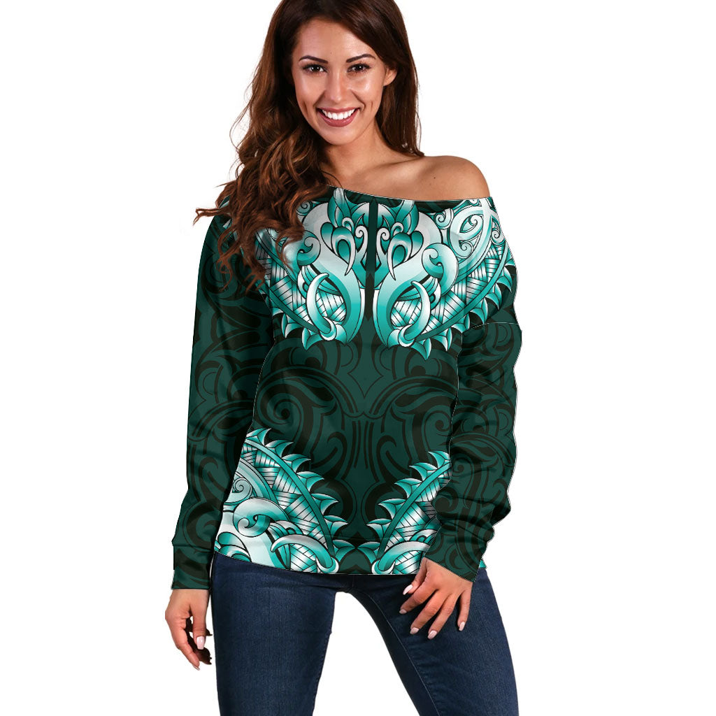 New Zealand Ta Moko Off Shoulder Sweater Aotearoa Maori Chest Tattoo Turquoise LT14 Women Turquoise - Polynesian Pride